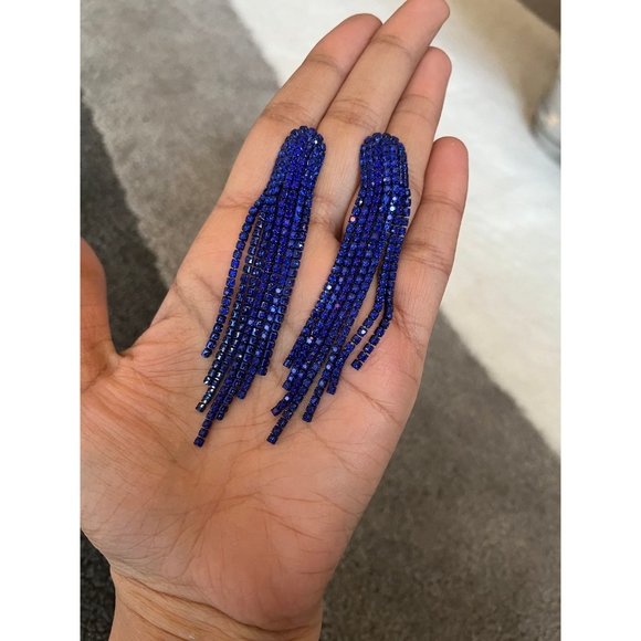 royal blue earrings long fringe crystal chandelier  blue pageant earrings - Picture 5 of 7
